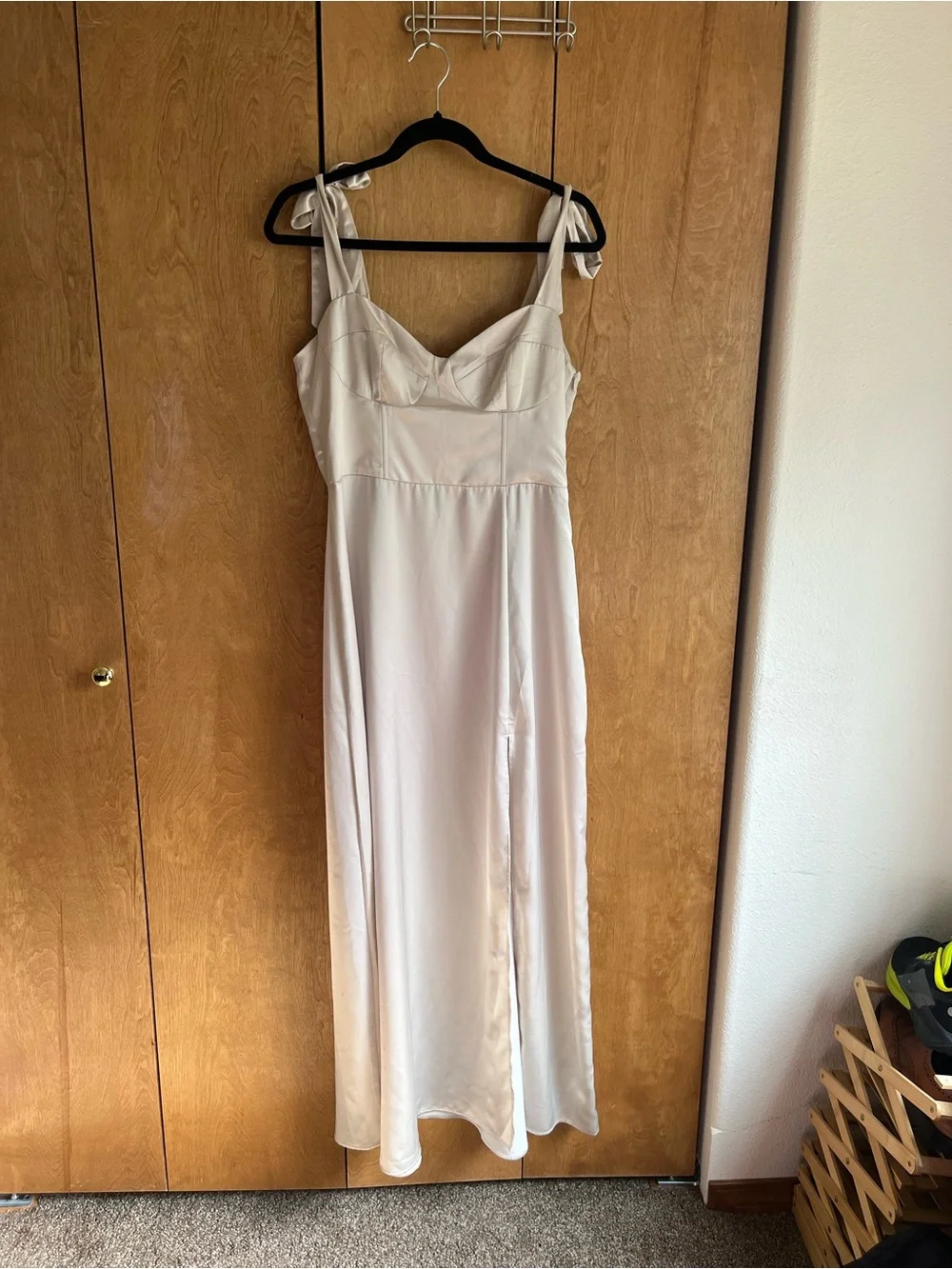 H&M Cream Satin Maxi Slip Dress with Tie Straps